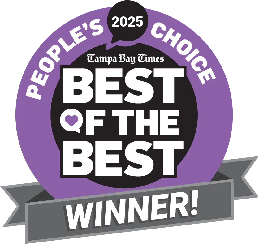A purple and black badge that reads "Tampa Bay Times BEST OF THE BEST 2025 People's Choice WINNER!" with a gray ribbon at the bottom—perfect for showcasing top roofing Tampa achievements.